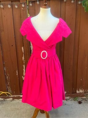 1960s Fuchsia V-Neck Fit & Flare Mini Dress with Decorative Oval Belt